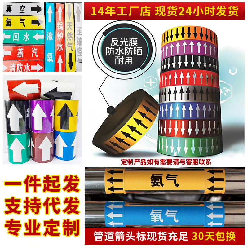 工业管道标识贴电厂管道标识消防化工厂管路色环介质流向箭头标签